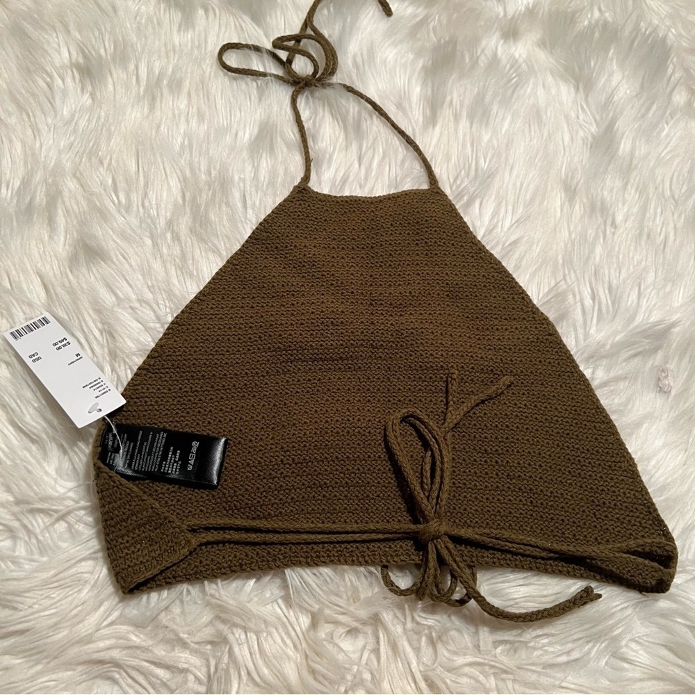Urban Outfitters Women's Size Medium Backless Crochet Halter Top Olive Green Tie - Picture 6 of 9